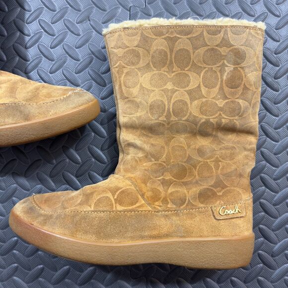 Coach Sherpa Lined Logo Winter Ankle Boots Womens Size 9 Brown Suede Round Toe - Picture 2 of 8